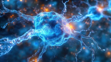 Obraz premium Close-up of neural network: glowing brain neurons in blue and orange light