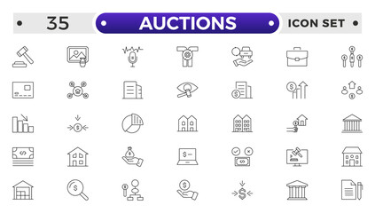 Auction outline icon hammer sell document judge illustration price deal. Bid auction vector tender justice sale commercial concept.