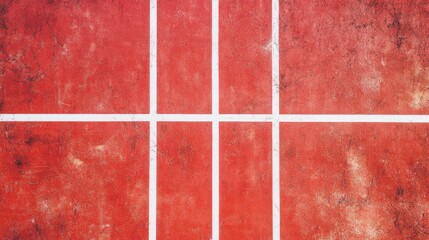 Overhead view of a red tennis court with white lines.