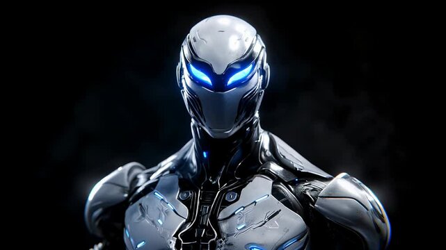 A sleek humanoid robot with glowing blue eyes and intricate metallic design, set against a dark background, symbolizing advanced technology and artificial intelligence.