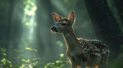A deer standing alert in a misty forest clearing with sunlight breaking through