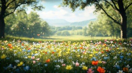 Fototapeta premium Vibrant wildflower meadow in bloom under a clear blue sky with majestic trees