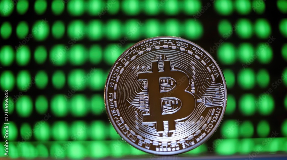 Poster a close-up of a spinning bitcoin token with glowing binary code in the background.