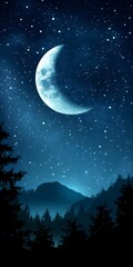 Naklejka premium Night sky with crescent moon and trees in silhouette