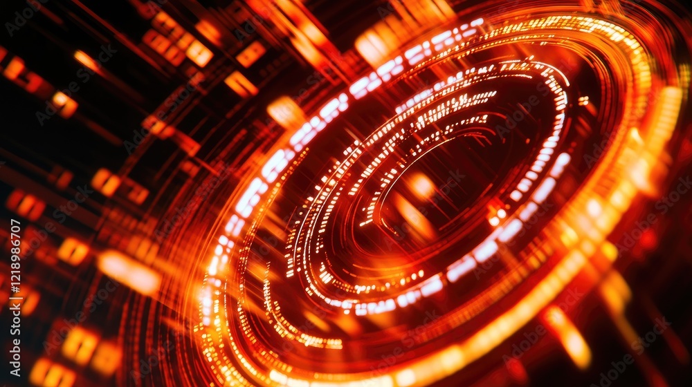 Poster a close-up of a spinning bitcoin token with glowing binary code in the background.