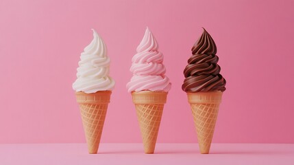 Delicious Ice Cream Cones in Three Tempting Flavors on Pink Background