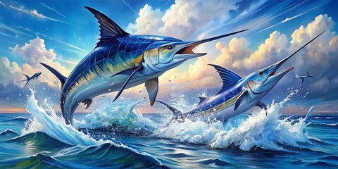Majestic Blue Marlin & Swordfish Leap: Watercolor Ocean Art