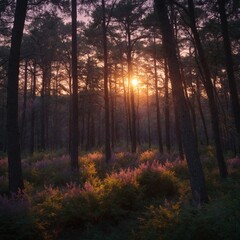 Fototapeta premium A magnificent radiant dusk by a tranquil forest, with the sky aglow in soft purples and oranges, casting a gentle light through the trees.