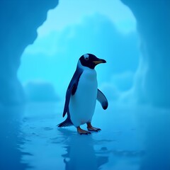 Fototapeta premium A digital illustration showcases a penguin standing on ice with a soft blue hue and water reflections in the background.