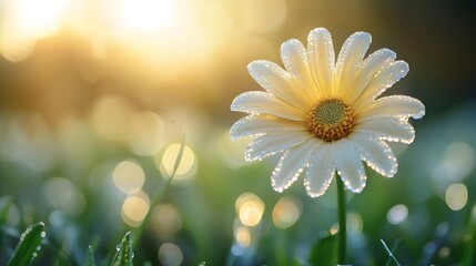 Delicate pale yellow flower photographed in golden hour light with soft bokeh effect, capturing dreamy atmosphere amid green meadow with morning dew and natural elements.