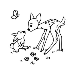 a black and white drawing of an animal forest coloring page
