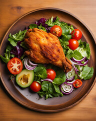 grilled chicken leg, chicken leg, grilled chicken, healthy eating, fresh salad, lettuce mix, mixed greens, tomatoes, top view, close-up, vertical food shot, nutritious meal, healthy lunch, protein-ric