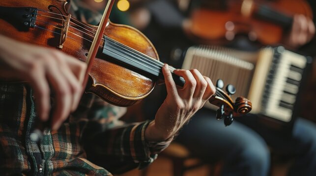 Close-up of a musician playing the violin during a cozy Irish music session with an accordion in the background