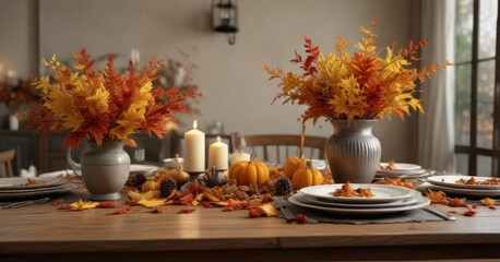 Autumn leaves and fall decorations on a dining table, cozy, centerpiece, leaves