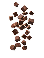 Fototapeta premium Delicious Dark Chocolate Cubes Falling, Sweet Treat Dessert for Food Photography, Transparent Background, AI Generated Images