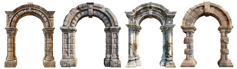 Fototapeta premium Set of Classical Stone Arches with Detailed Carvings and Columns, Showcasing Various Stages of Preservation from Ancient Roman and Medieval Architectural Styles.
