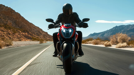 Obraz premium Motorcycle Rider on mountain Road, driving the empty highway on a motorcycle tour journey