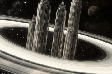 Innovative cityscape design floats on the rings of Saturn with futuristic architecture and stars in the background
