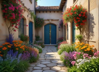 Beautiful garden entrance with colorful flowers leading to a serene courtyard, beautiful garden, lush greenery, nature's beauty