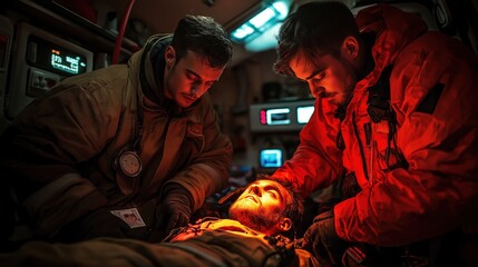 Fototapeta premium Medical personnel work diligently on an injured man in an ambulance, utilizing equipment and providing care in the low light of night. created by ai