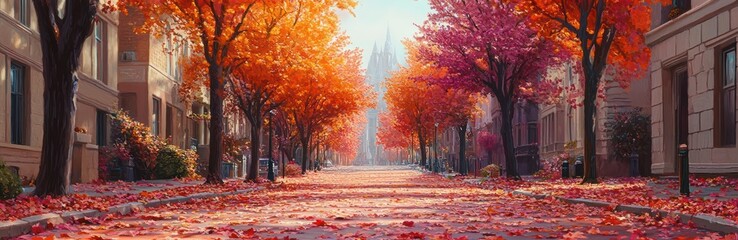 Autumnal City Street Scene With Colorful Trees and Falling Leaves