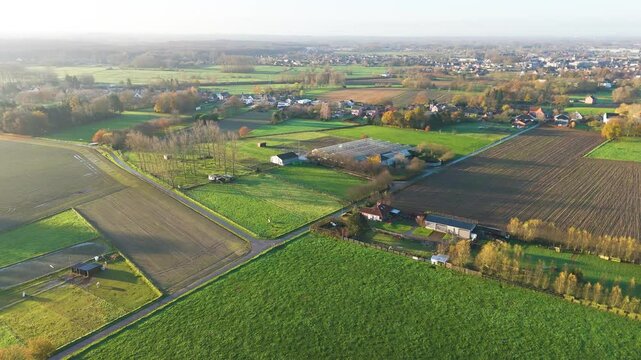 vast agriculture fields belgian countryside during early morning sunshine golden light enhances farmland aerial drone panning shot beauty richness visual delight experience community 