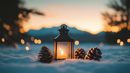 Cozy Winter Lantern with Candle and Pine Cones in Snowy Landscape at Dusk, Capturing the Warmth of Holiday Season Glow - Powered by Adobe