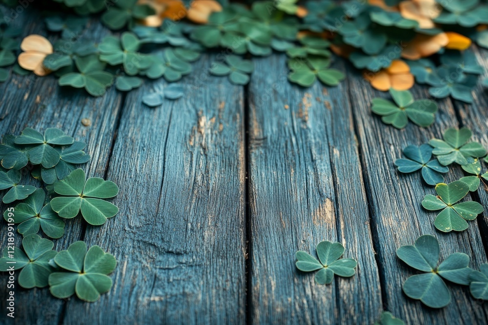 Wall mural A macro shot of clover leaves scattered on a weathered wooden surface, creating a minimalistic aesthetic