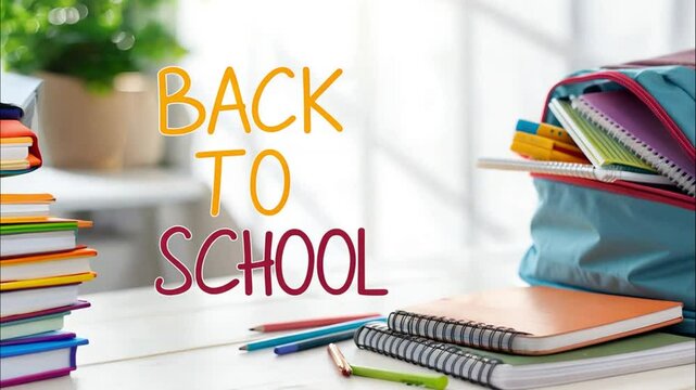"Back to School" text with colorful backpack and supplies