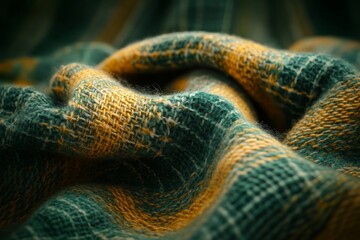 Close-up macro texture of a green and yellow plaid fabric, showcasing its woven patterns and soft folds