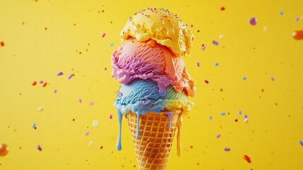 Colorful Ice Cream Cone with Sprinkles Against Bright Yellow Background