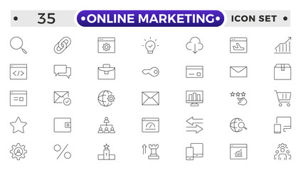 Online marketing and SEO outline icons set. Marketing & Search Engine Optimization outline icons collection. Website, search, mail, analysis, content, strategy, development, store.