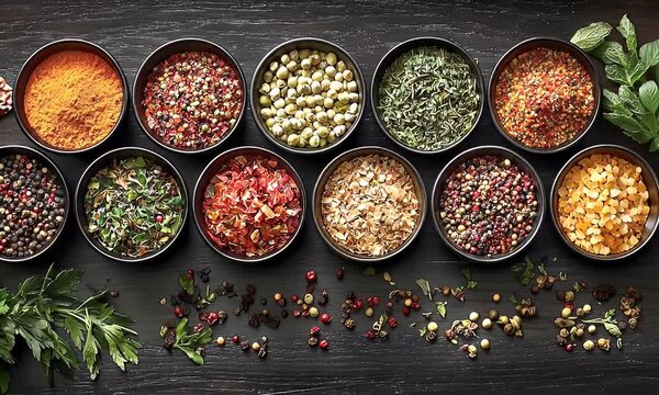 An overhead shot of ten small bowls filled with various colorful spices and herbs.