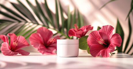 Blank white cosmetic container on a sun lit table, pink hibiscus flowers near. Botanical extracts used for health and beauty products concept. Generative AI