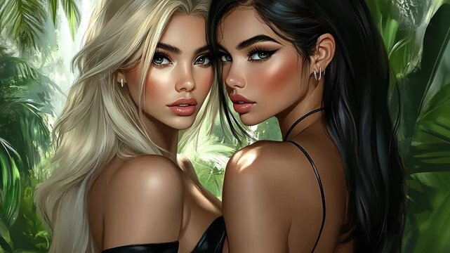 Captivating portrait of two women with striking features in a lush, tropical setting