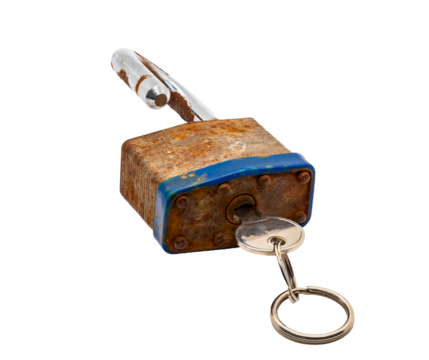 Rusty old lock and key isolated on a transparent background