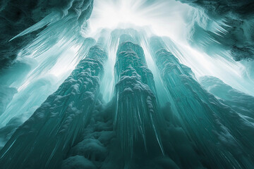 Majestic ice formations illuminated by soft light create an enchanting underground scene in a cave