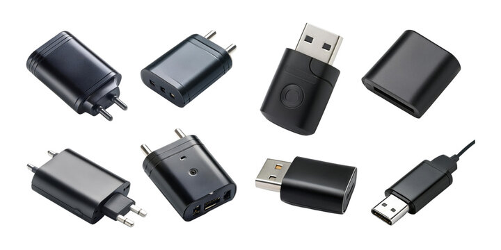 Various Black Charging Devices and Connectors, PNG collection, set bundle, isolate on transparent or white background