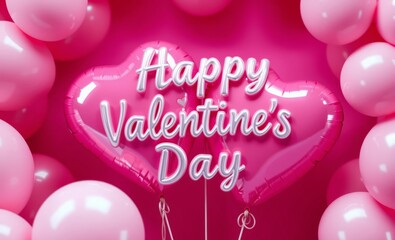 Valentine's Day balloon, heart-shaped foil balloon, pink balloons, vibrant magenta background, festive atmosphere, romantic celebration, glossy balloons, metallic sheen, balloon arrangement, love-them