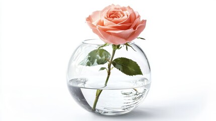 Fototapeta premium A beautiful glass vase with a single rose on a white isolated background