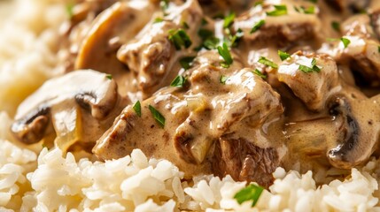 Close-up of rice with comforting beef stroganoff. Featuring tender beef in a creamy mushroom sauce, served over rice. Emphasizing a flavorful, comforting dish. Ideal for beef stroganoff recipes.