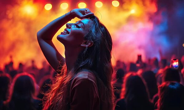 Joyful Woman at a Vibrant Concert, Bathed in Stage Lights