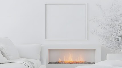 Minimalist White Living Room Mockup with Fireplace and Frame