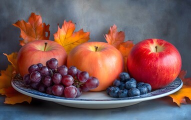 Autumn Still Life: Apples, Grapes, and Fall Leaves © Laily