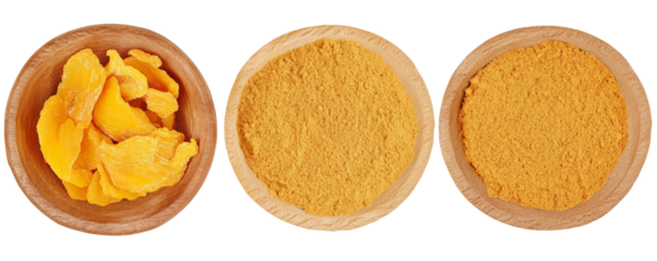 Dried mango slices and mango powder in bowls. Top view of three wooden bowls containing dried mango slices and mango powder, showcasing different forms of mango for culinary and health uses.