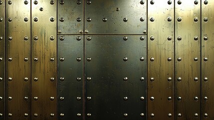 Close up of a metallic door featuring prominent rivets and industrial design elements