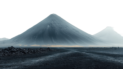 Volcanic peak over dark road in misty Icelandic landscape, possible travel backdrop