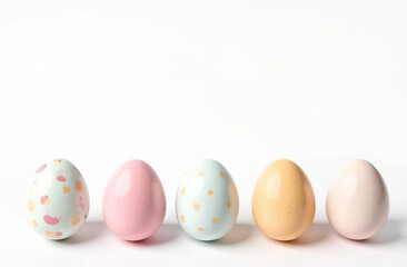At the bottom of the image are eggs with free space on top of image for text, spring pattern on the eggs, pastel colors,  white background.