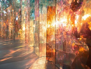 Captivating light reflection art installation colorful glass contemporary gallery close-up visual aesthetics