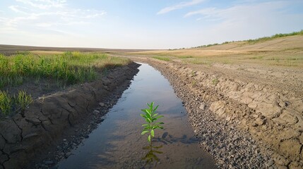 Fototapeta premium Resilient Seedling in Dry Landscape with Water Channel